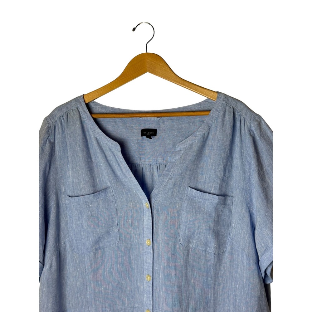 Talbots Shirt Dress Womens 22W Blue Linen Midi Short Sleeve Lagenlook Preppy - Picture 4 of 10